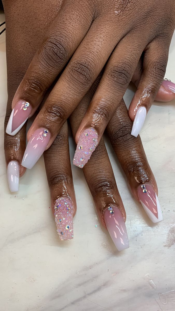 Chic Elegant Nail Design: Soft Pink and White with Sparkly Rhinestone Accents