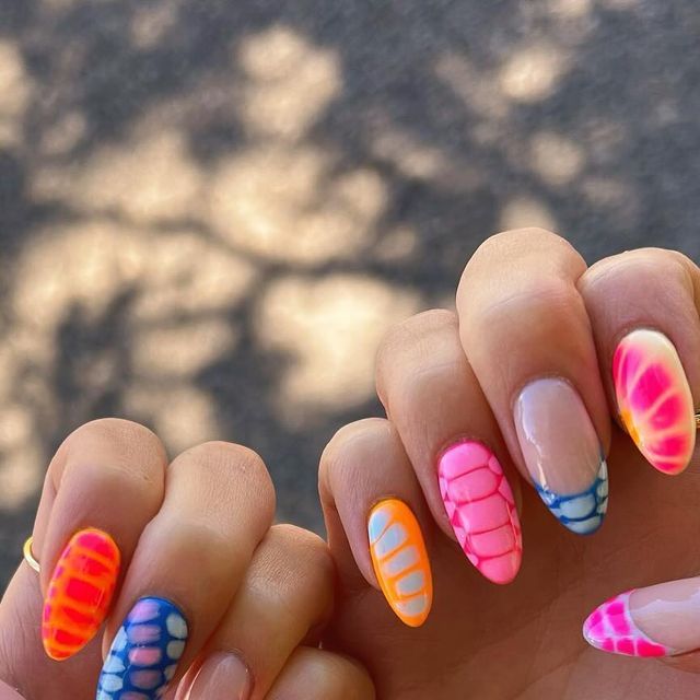 Bold Neon Nail Art: Tropical-Inspired Geometric Designs