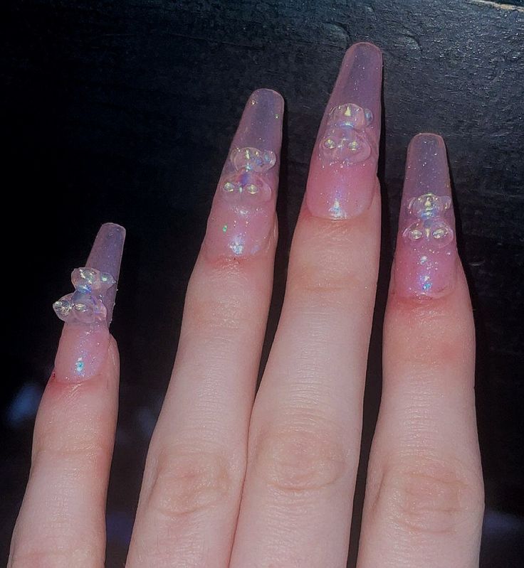 Elegant Ombre Acrylic Nails: Pastel Pink and Transparent Tones with Sparkling Accents