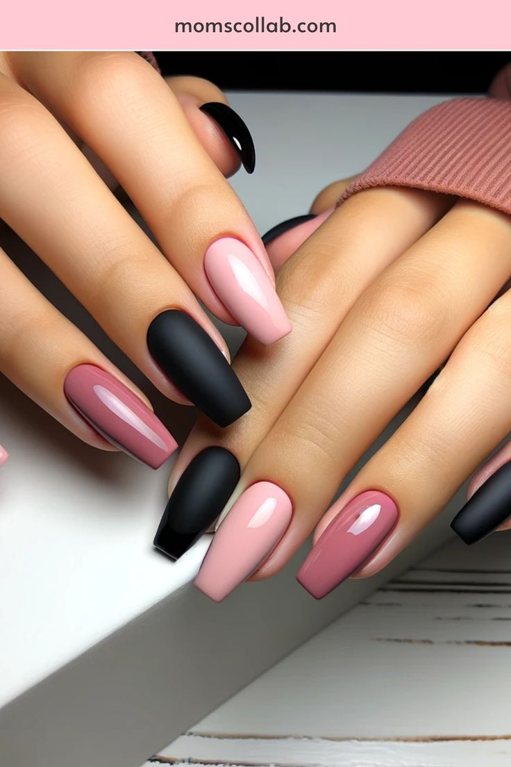 Chic Nail Design: Elegant Blend of Matte and Glossy Finishes in Soft Pink and Bold Black.