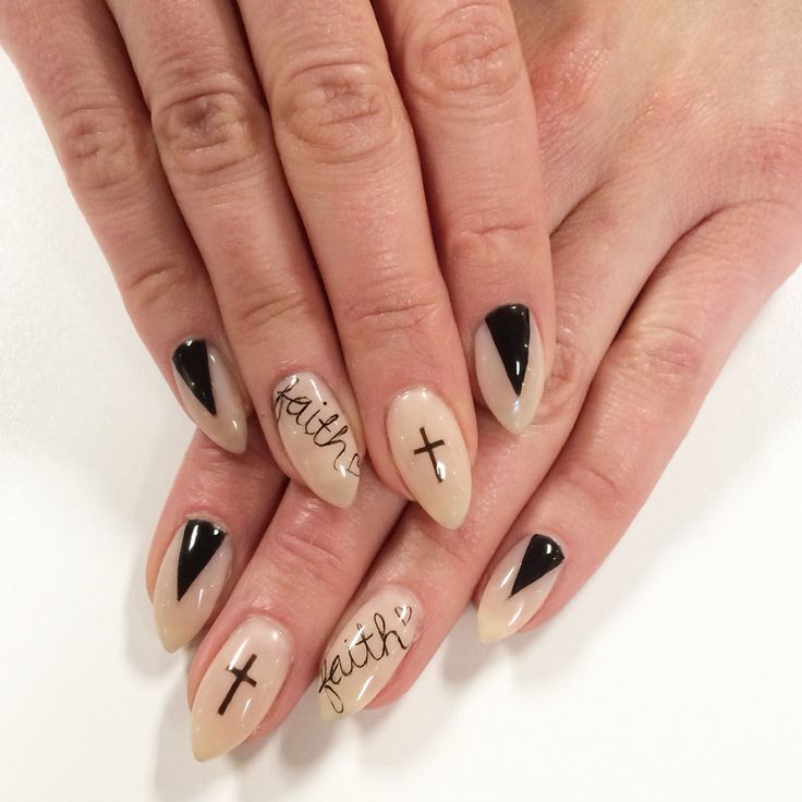 Chic Nude and Black Almond-Shaped Nail Design with Glossy and Matte Finishes.