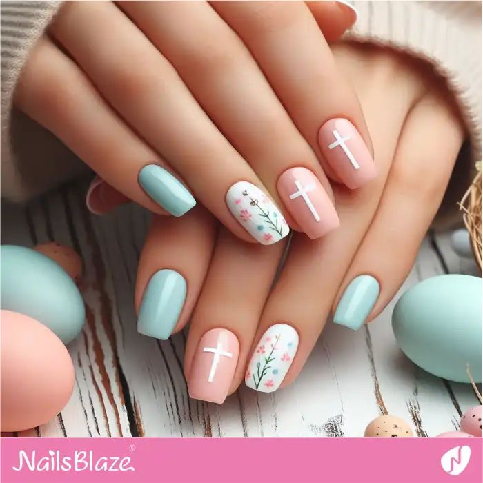 Elegant Spring Pastel Nail Design with Mint Green, Soft Pink, and Floral Patterns.