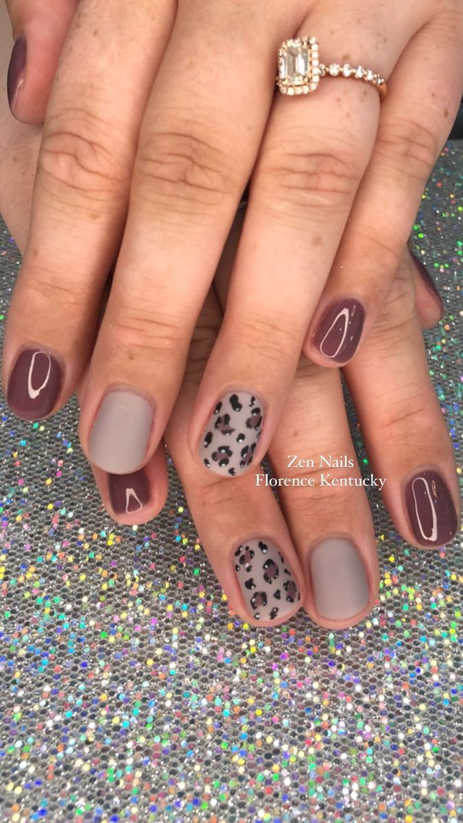 Chic Nail Design: Matte and Glossy Mauve-Taupe with Bold Leopard Print Accent.