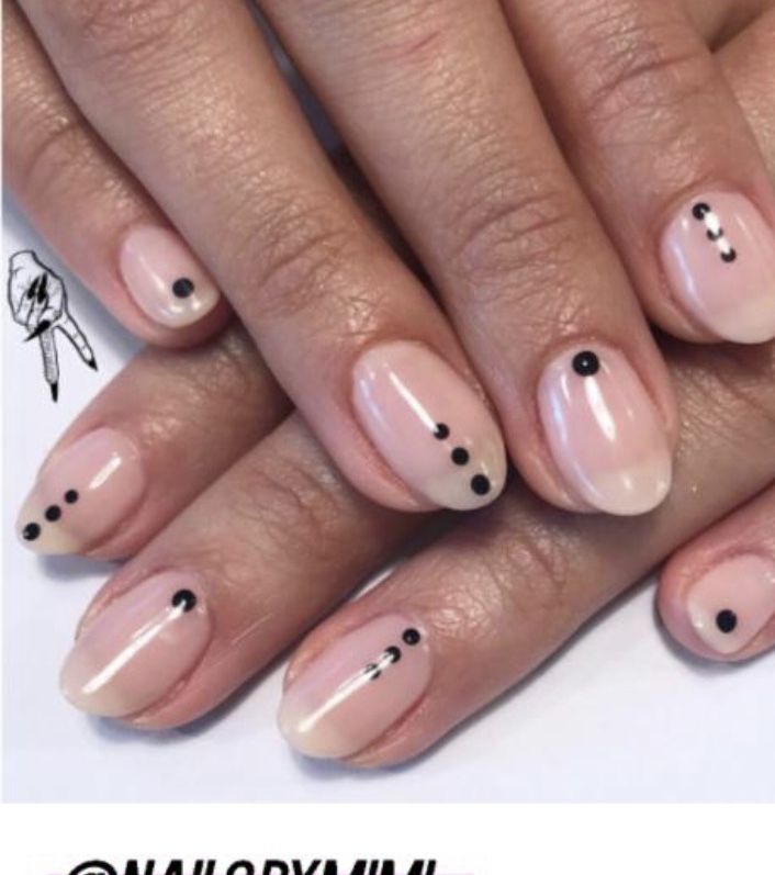 Chic Minimalist Nail Design: Nude Base with Delicate Black Dots and Abstract Lines