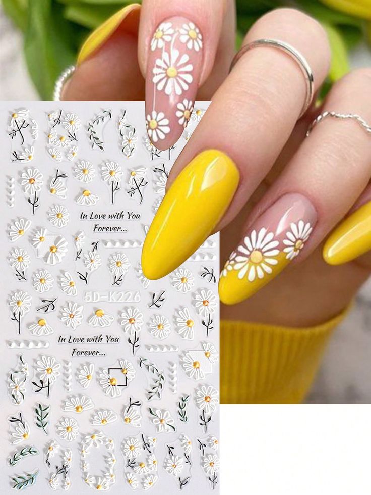 Chic Yellow Nail Design: Cheerful Floral Accents with Elegance