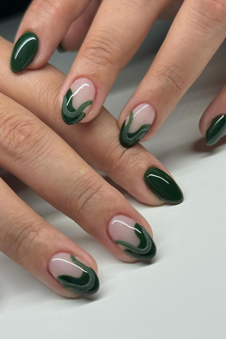 Elegant Nail Design: Deep Green and Nude Blend with Artistic Swirls