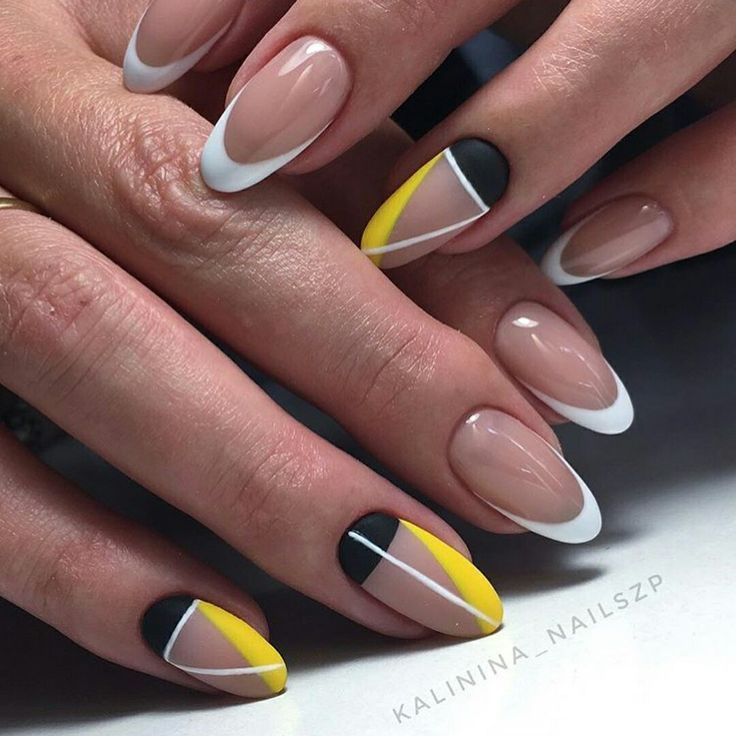 Trendy Geometric Nail Design in Nude, White, Yellow, and Black with Modern French Tips.