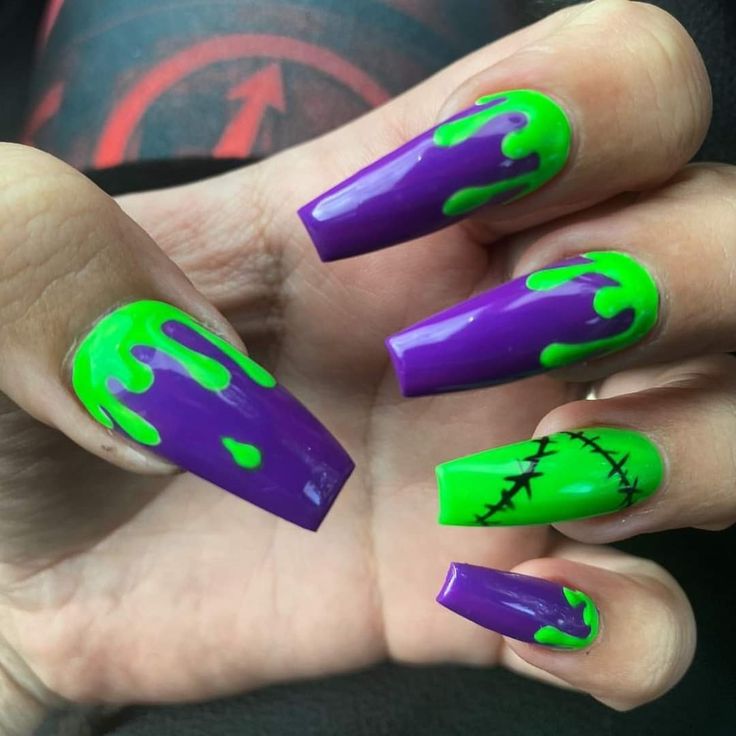 Vibrant Halloween Nail Design: Striking Purple and Green with Playful Drip and Whimsical Stitch Details.