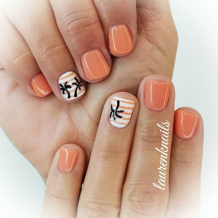 Tropical-Inspired Peachy Orange Nail Design with Palm Tree Accents.