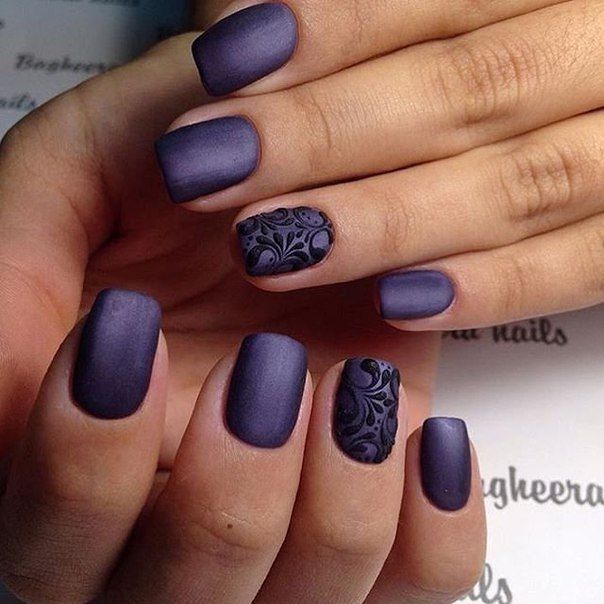 Chic Matte Purple Nail Design with Elegant Accent Patterns for Any Occasion