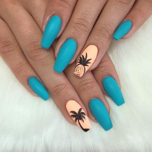 Vibrant Tropical Nail Design with Turquoise Base and Peach Palm Tree Accents