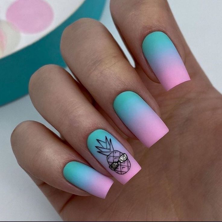 Refreshing Pastel Ombre Nails with Pineapple Accent for a Playful Summer Look