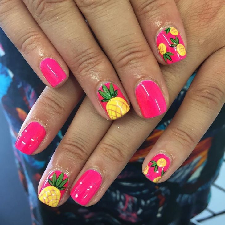 Tropical-Inspired Nail Design: Lively Pink Base with Floral and Pineapple Accents