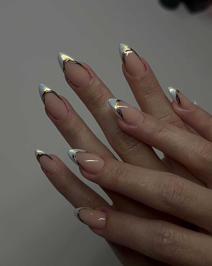 Elegant Almond-Shaped French Tips with Glossy White and Gold Accents