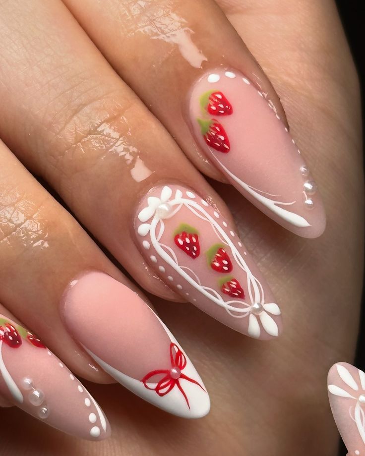 Chic Strawberry-Themed Nail Design with Soft Pink Base and Floral Accents.