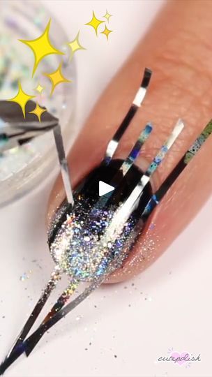 Elegant Black Base Nail Design with Holographic Stripes and Sparkly Glitter