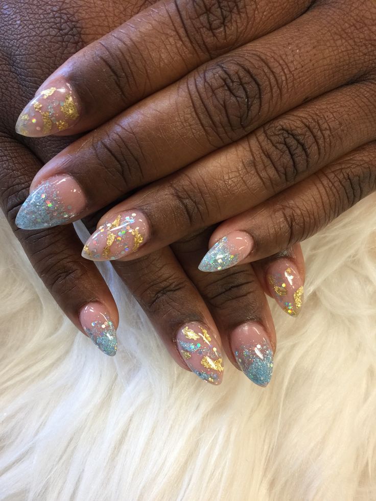 Elegant Hand-Painted Nail Design: Soft Pink, Gold Flakes, and Ombre Sparkling Tips