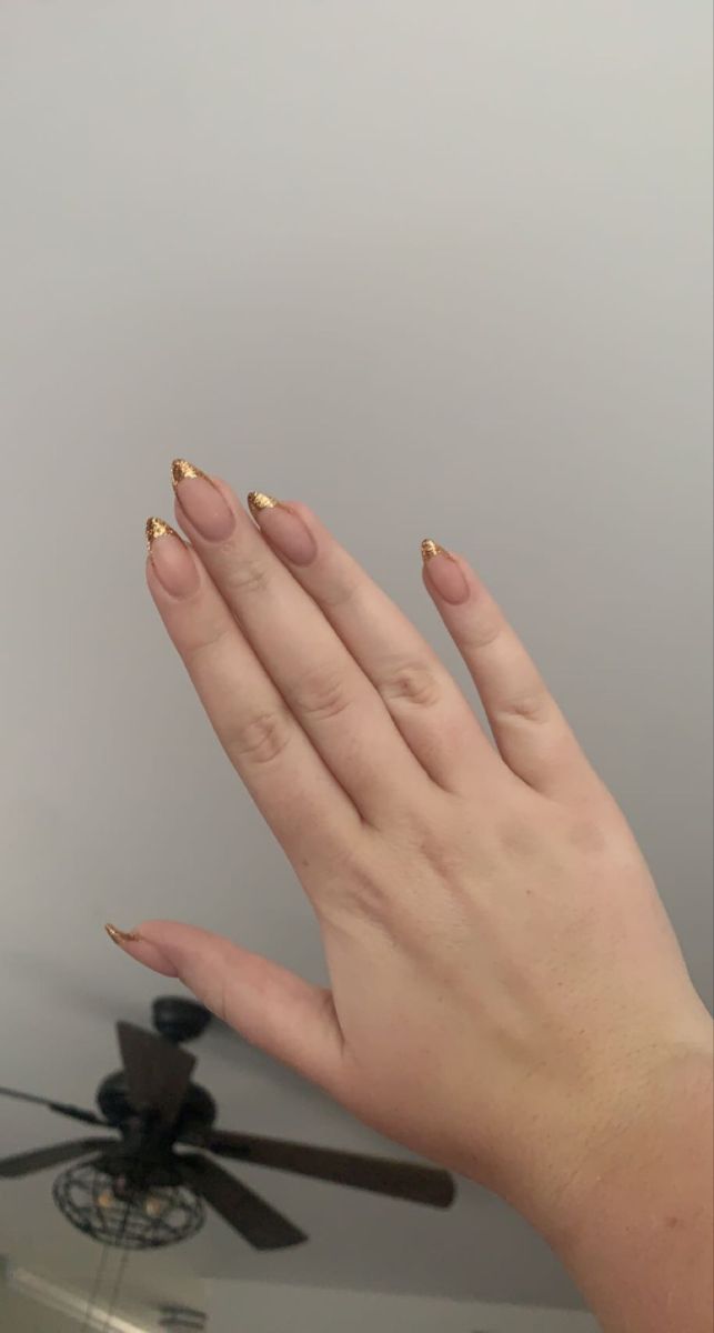 Chic Matte Nude Nails with Glamorous Gold Tips: A Perfect Balance of Elegance and Sophistication.