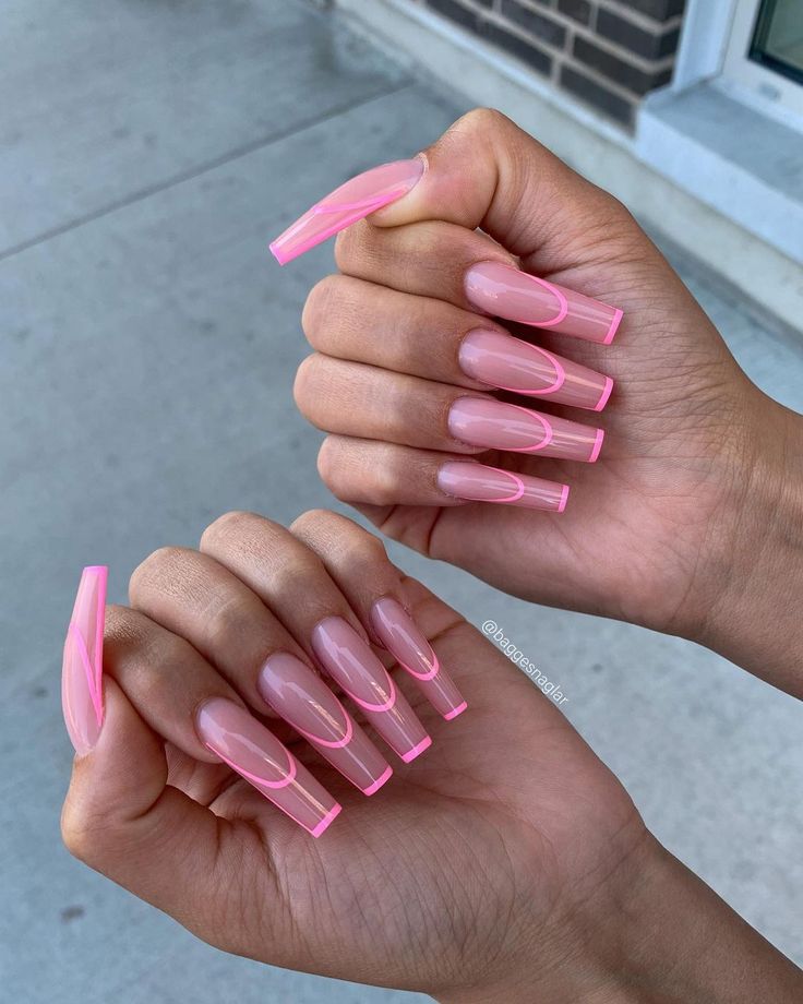 Chic Nail Design Featuring Translucent Pink Tips with Neon Accents.