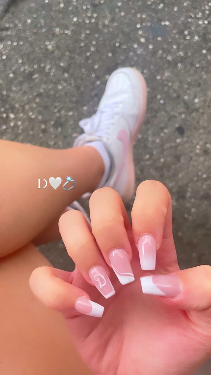 Elegant Soft Pink Ombre Long Nails with White Tips and Delicate Swirls