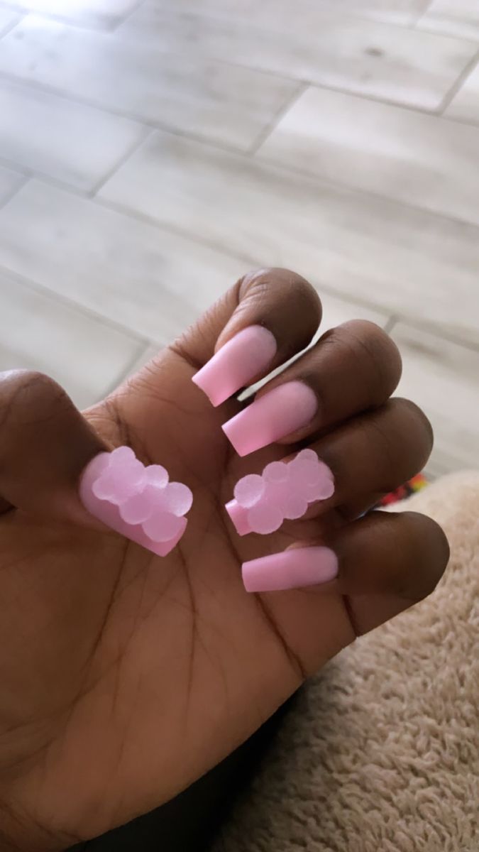 Chic Pastel Pink Acrylic Nails with Playful Gummy Bear Embellishments