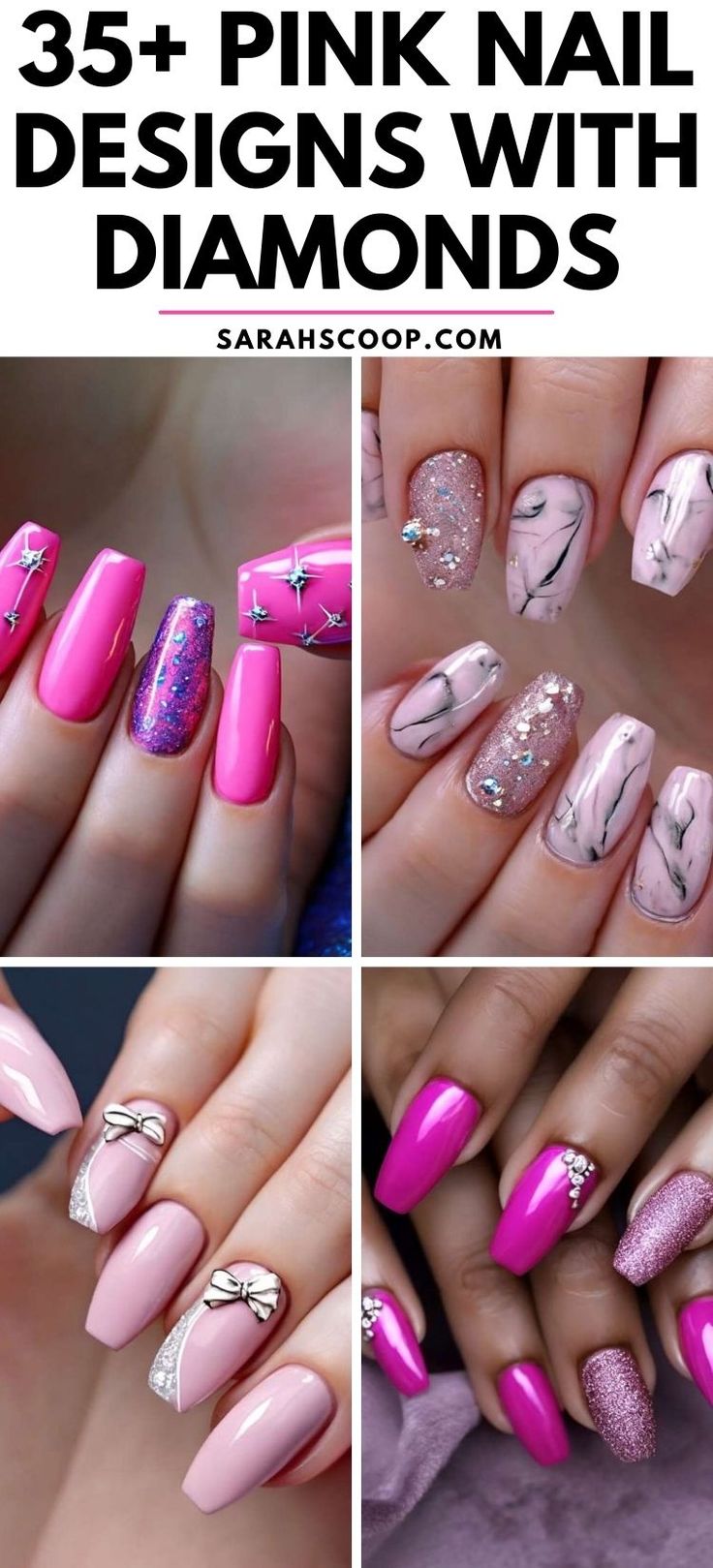 Elegant Chic Pink Nail Designs Featuring Diamond Accents and Intricate Details.