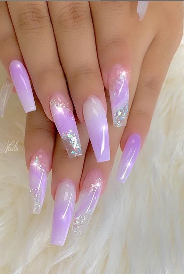 Ethereal Lavender and Pink Gradient Nail Design with Glitter Accents.