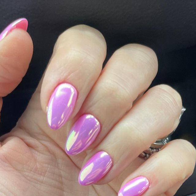 Elegant Glossy Pink Ombre Almond Nails with Shimmer for Any Occasion