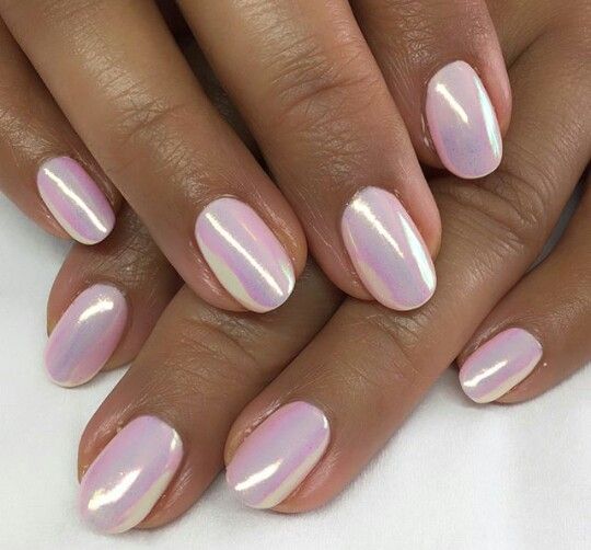 Modern Iridescent Pink Nail Design with Elegant White Stripes