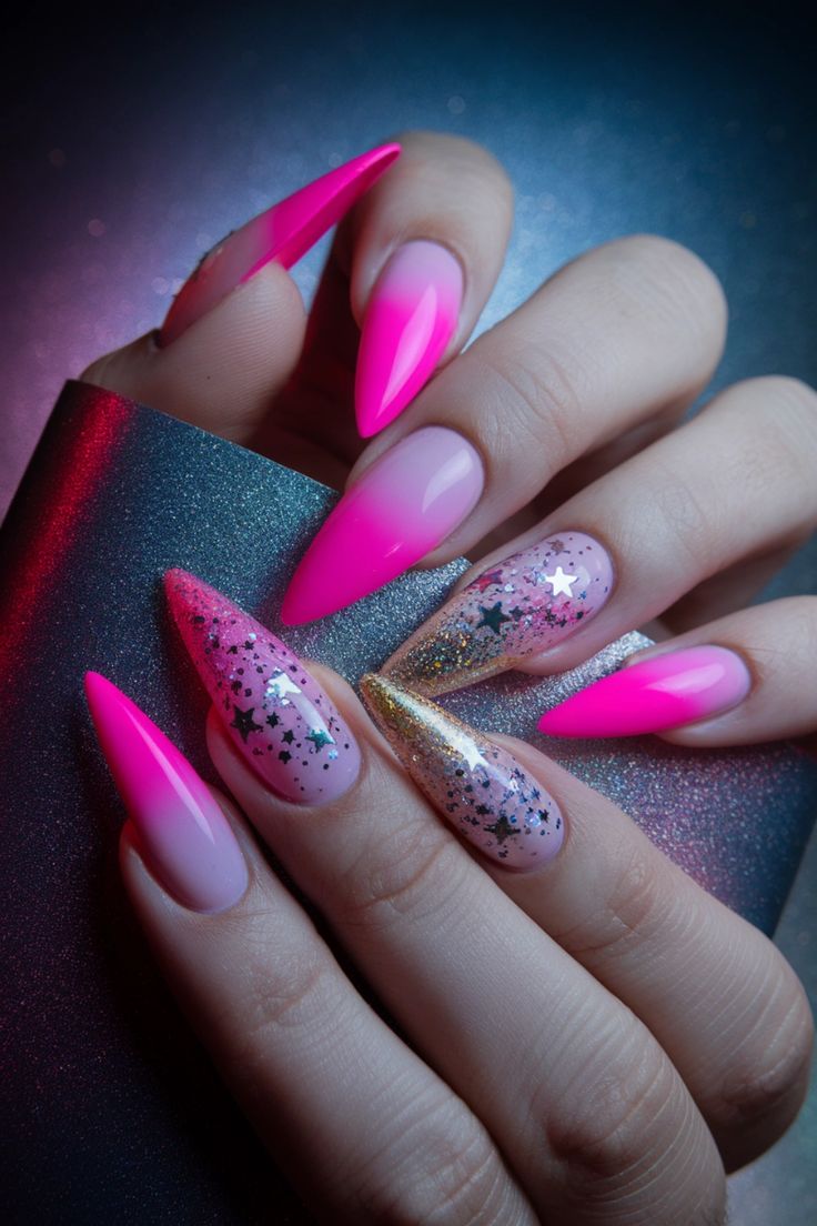 Vibrant and Glamorous Nail Design with Bold Colors and Creative Embellishments.