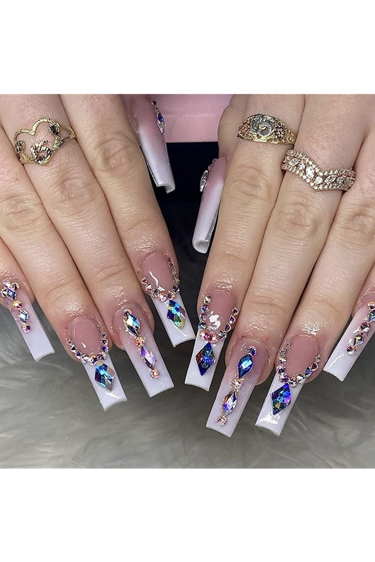 Luxurious Elegant Nail Design: Long Squared Tips in Soft Pink and Bold White with Rhinestones and Beadwork.