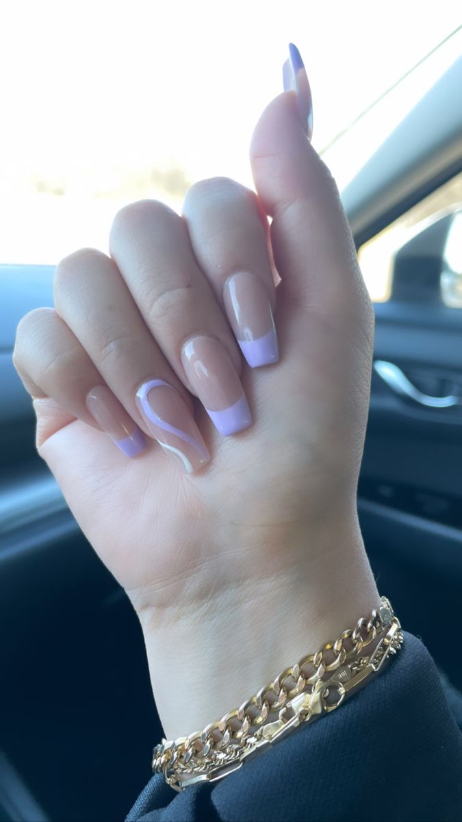 Sophisticated Lavender Tip Nail Design with Clear Base and Stylish Line Mix