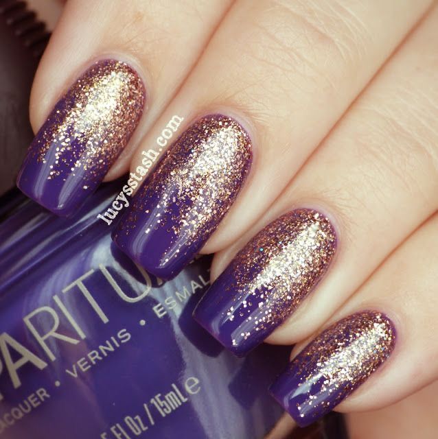 Elegant Sparkling Ombre Nails: Deep Purple to Dazzling Gold Glitter Transition.