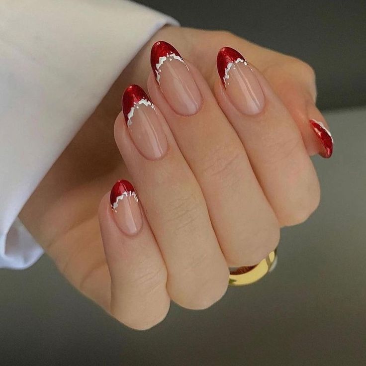 Chic Modern French Tips with Crimson Waves for Festive Elegance