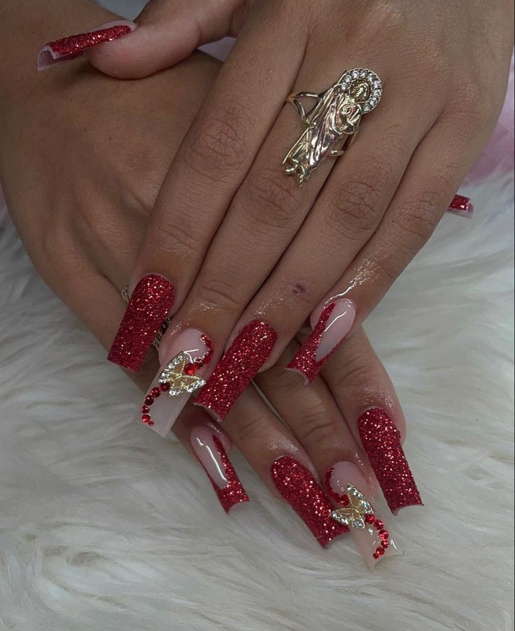 Striking Glittery Red Nail Design: A Bold and Elegant Statement.