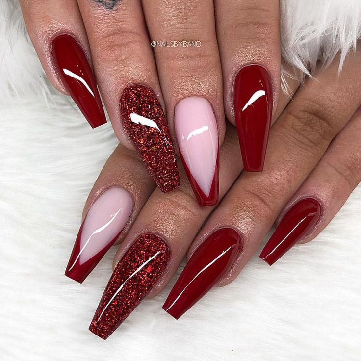 Elegant Almond-Shaped Red Nail Design with Glossy, Matte Finishes and Glitter Accents.