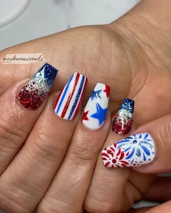 Vibrant Patriotic Nail Art: Sparkling Red, White, and Blue Designs for Festive Celebrations.