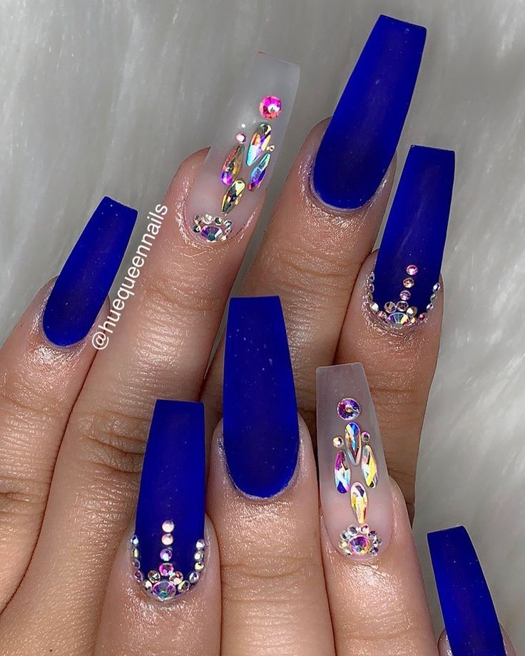 Chic Vibrant Blue Nail Design with Matte, Glossy Finishes and Sparkling Rhinestone Accents.