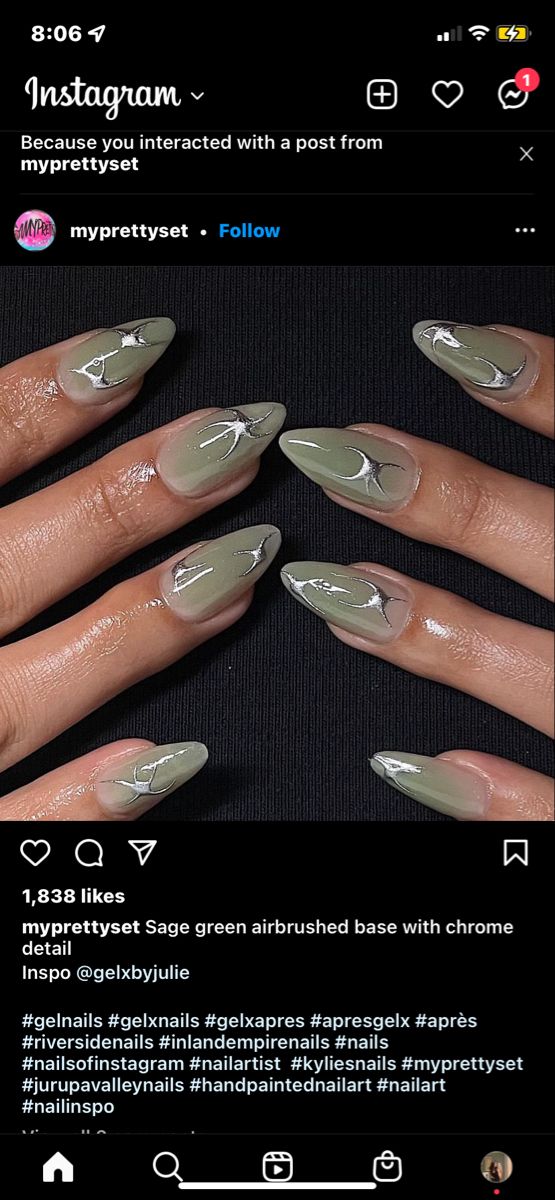 Chic Sage Green Airbrushed Nails with Elegant Chrome Detailing.