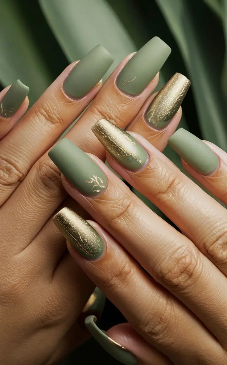 Chic Nail Art: Matte Olive Green Meets Metallic Gold for a Modern Look.