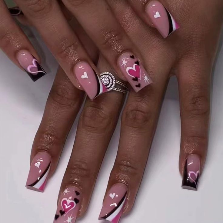 Elegant Romantic Nail Design with Soft Pink Base, Heart Motifs, and Geometric Accents.