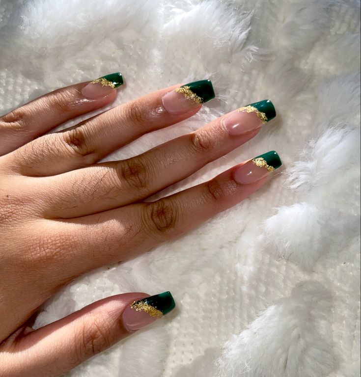 Stylish Green and Nude French Tip Nails with Gold Glitter Accents