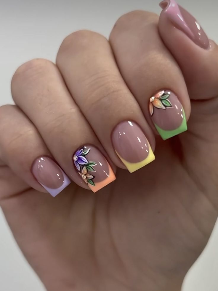 Vibrant Pastel Floral Nail Design for Spring and Summer Elegance.