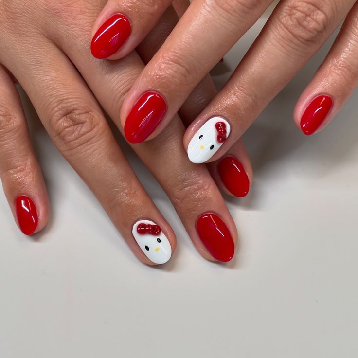 Whimsical Festive Nail Design with Red Base and Character Motifs