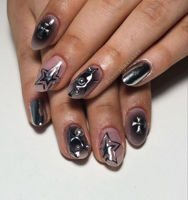 Chic Nail Design Blending Glossy and Matte Finishes with Metallic Accents in a Monochromatic Palette.