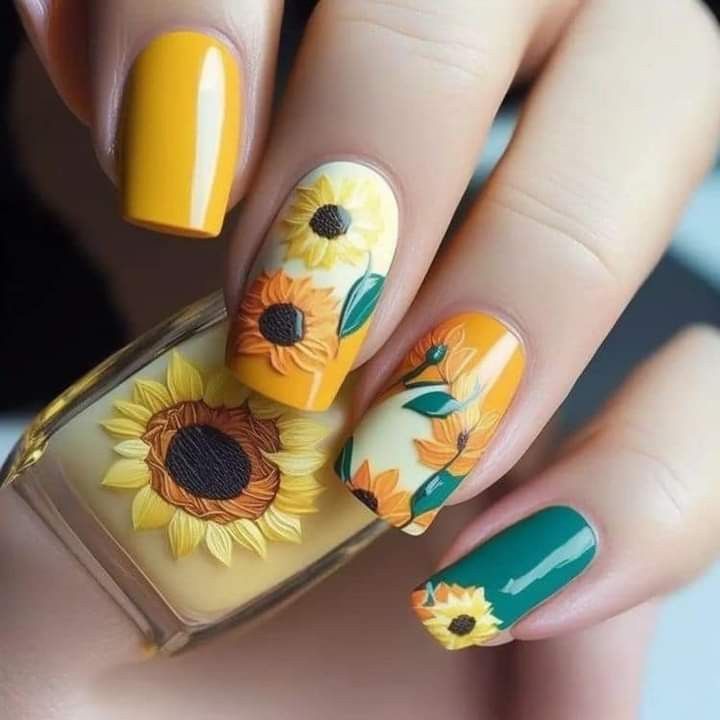 Cheerful Sunflower-Themed Nail Design with Bold Colors and Intricate Artwork for a Perfect Summer Manicure.