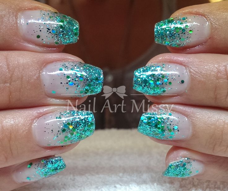 Ombre Glittery Turquoise Nail Design with Sparkling Sequin Gradient.