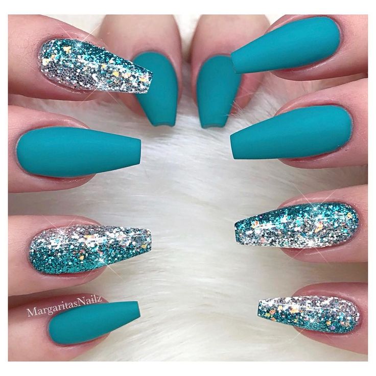 Eye-Catching Teal Nail Design: Matte Base with Glittery Tips for Modern Glamour.