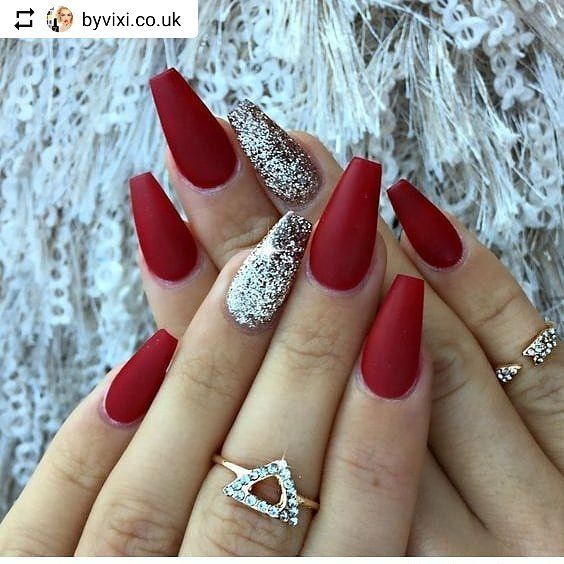 Sophisticated Red Nail Design with Matte and Glitter Finishes for Special Occasions.