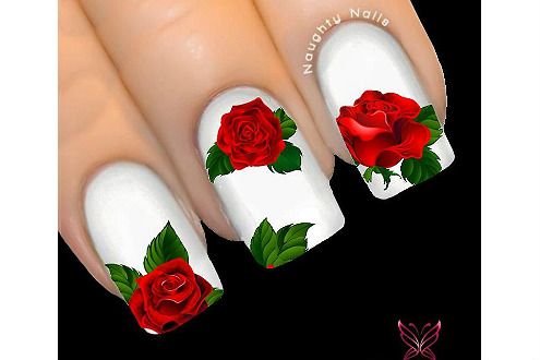 Elegant Floral Nail Design with Vibrant Red Roses and Leaf Accents on a White Background.